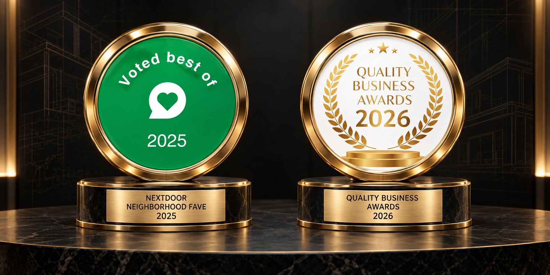 Nextdoor Neighborhood Fave 2025 and Quality Business Awards 2026 recognition displayed in a black and champagne-gold 3D presentation